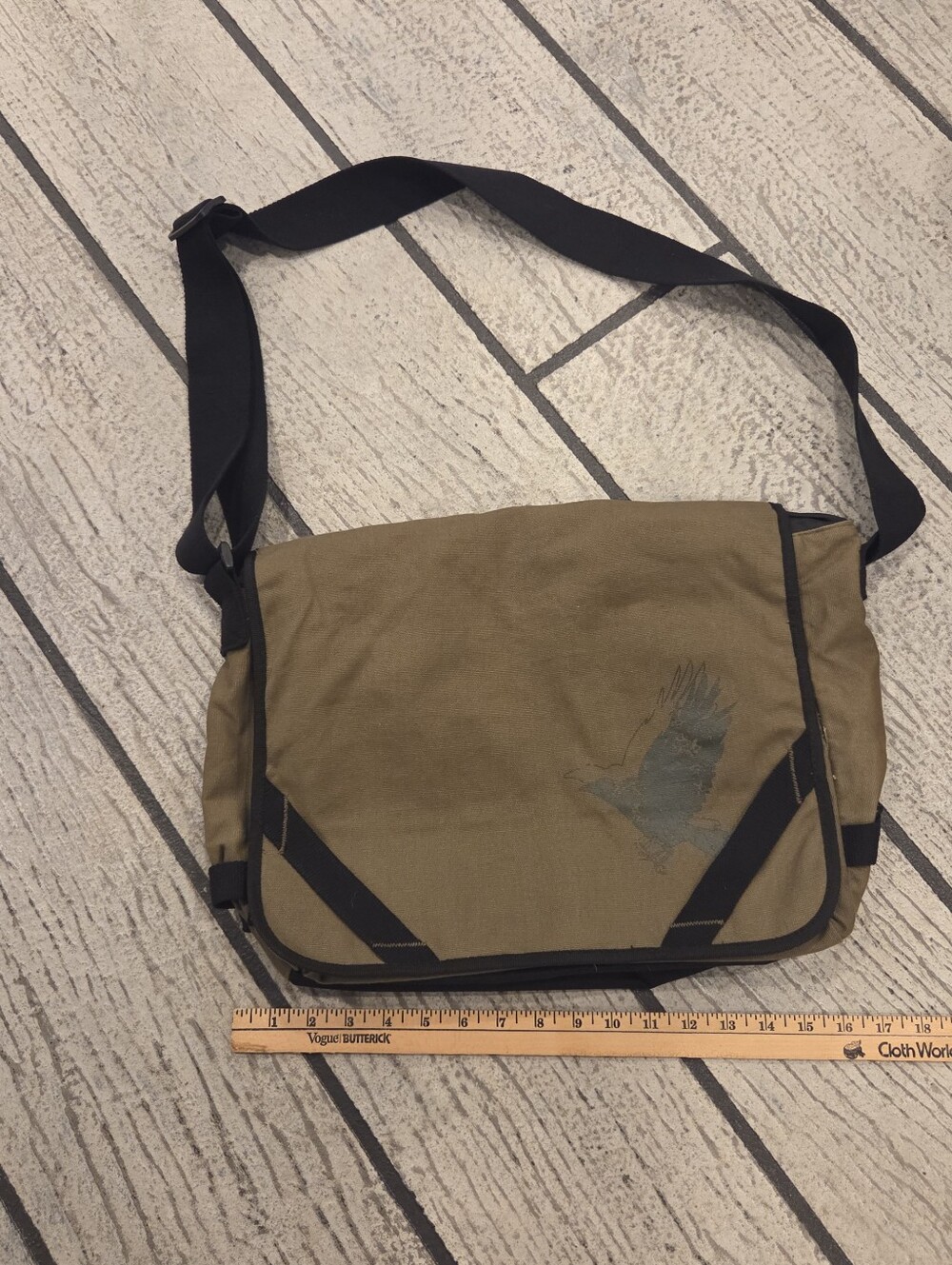 Olive Canvas Messenger Bag with Black Strap and Bird Print